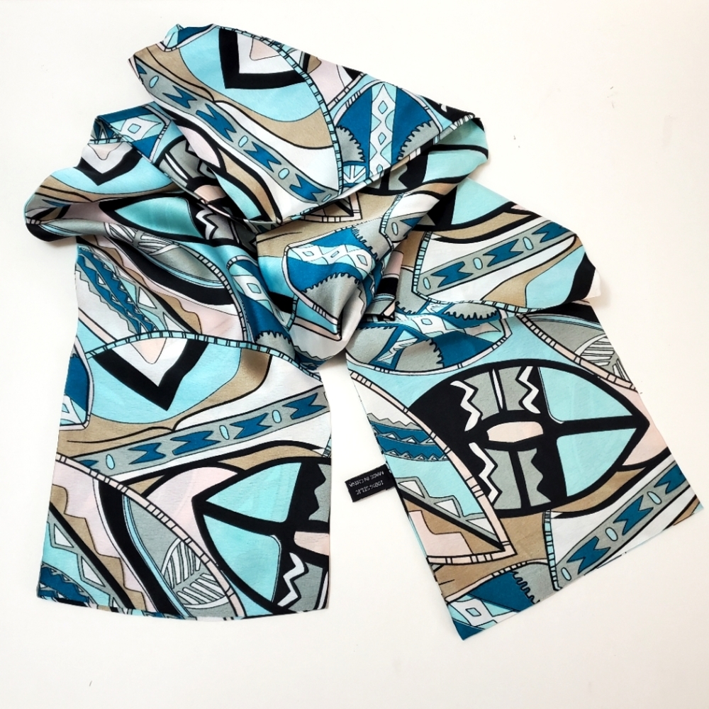 Twilly silk scarf in geometric pattern with blues, pale pink, black & white